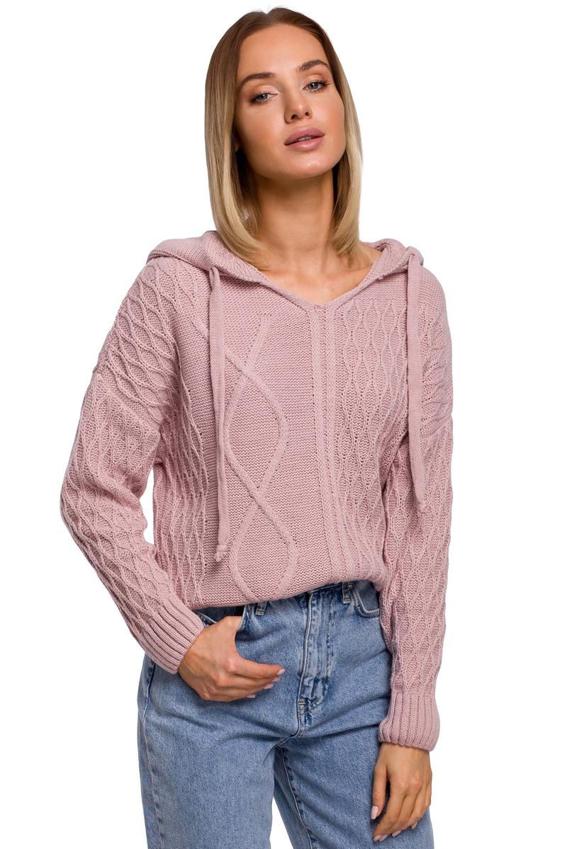 Practical Sweater with Drawstrings and Hood (Pink)