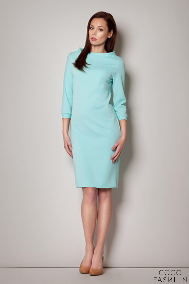Mint High Neck Textured Shift Dress with 3/4 Sleeves