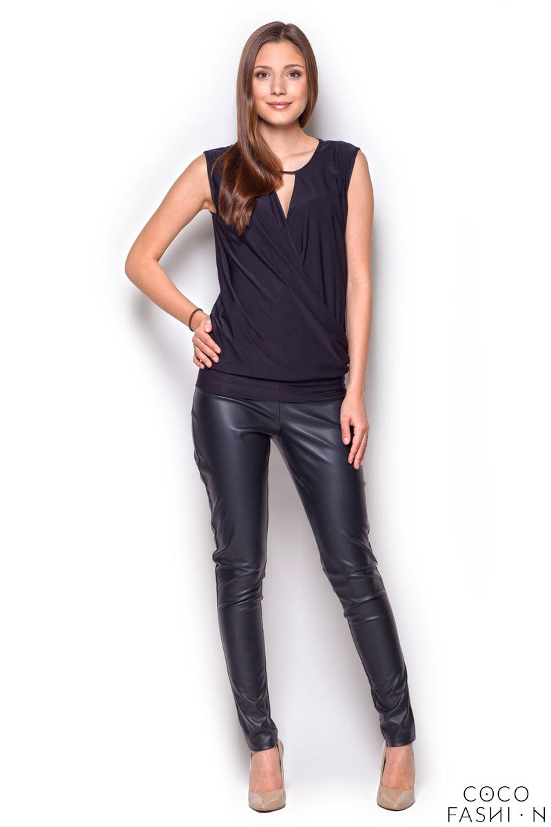 Black Sleeveless Drape Blouse with Front Strap