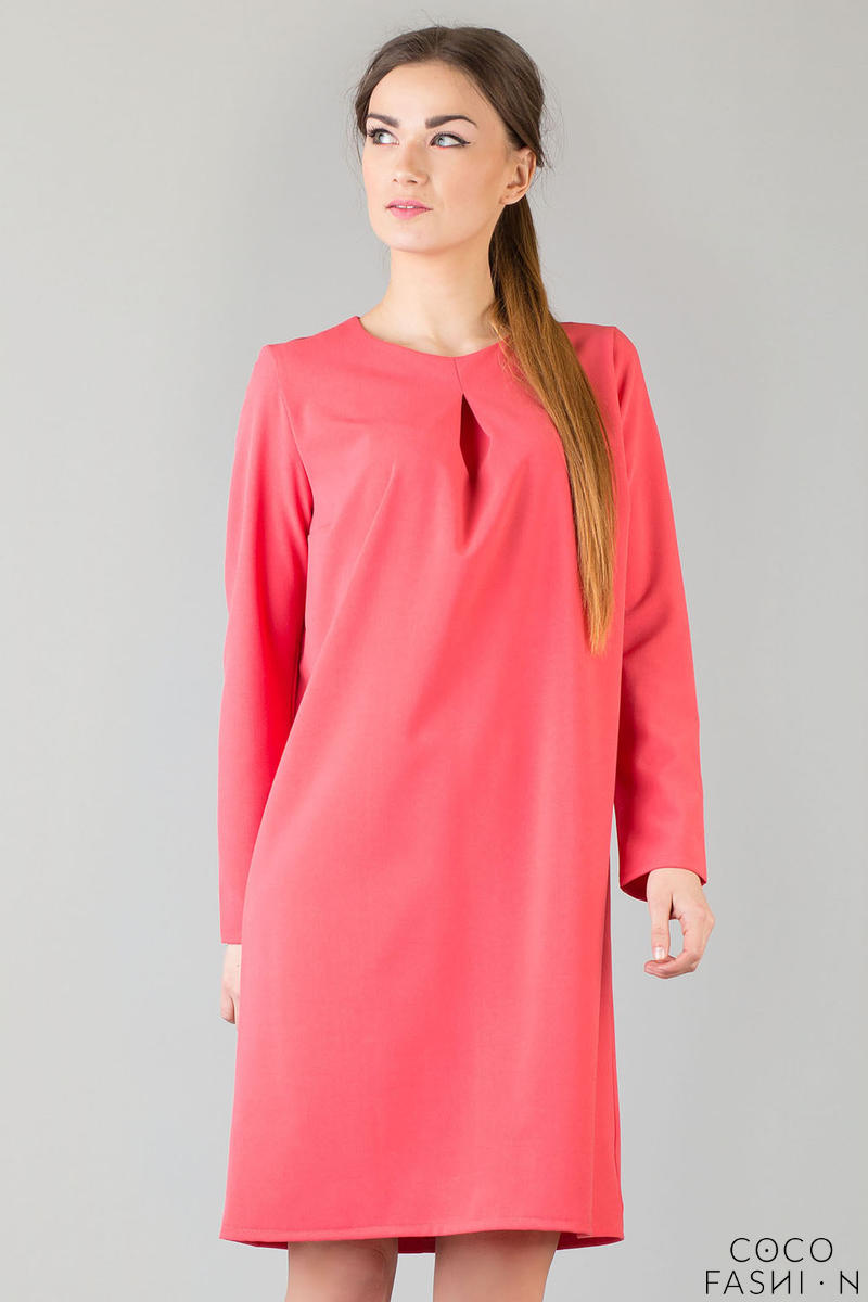 Coral Shift Dress with Bateau Neckline and Back Gathered Waist