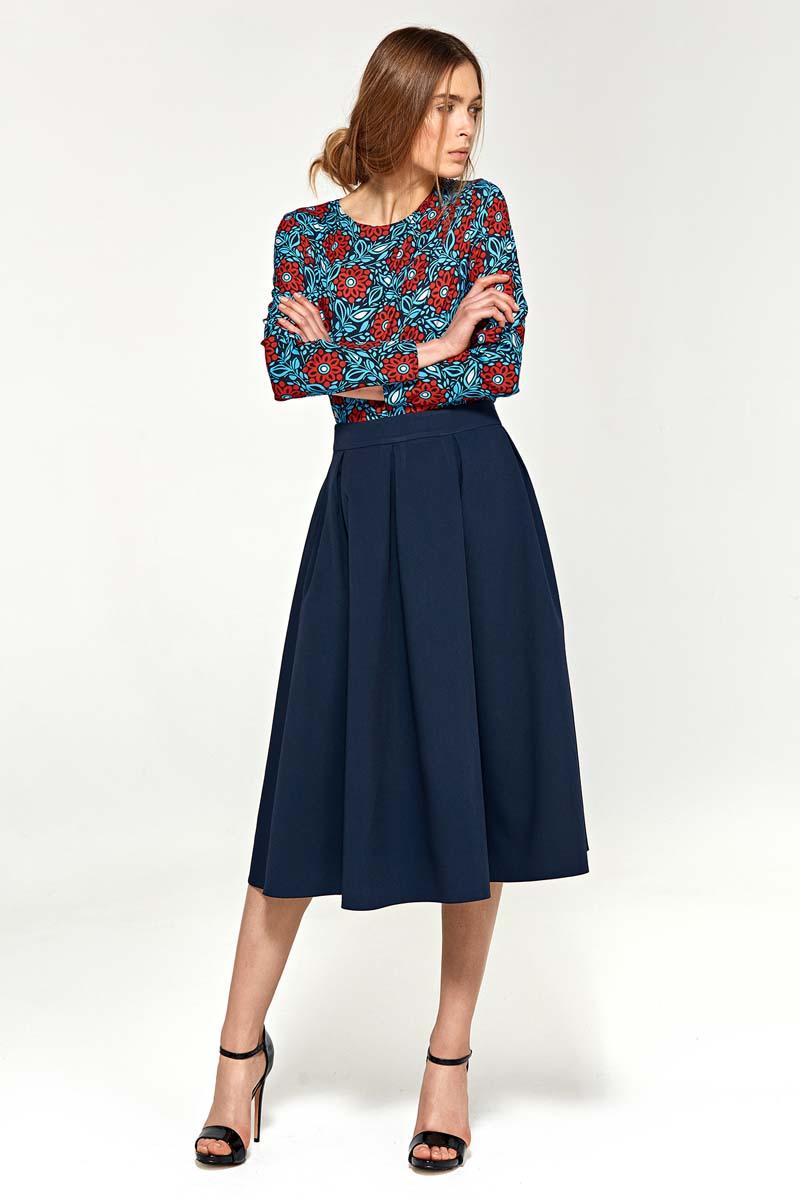 Navy Blue Flared Midi Skirt