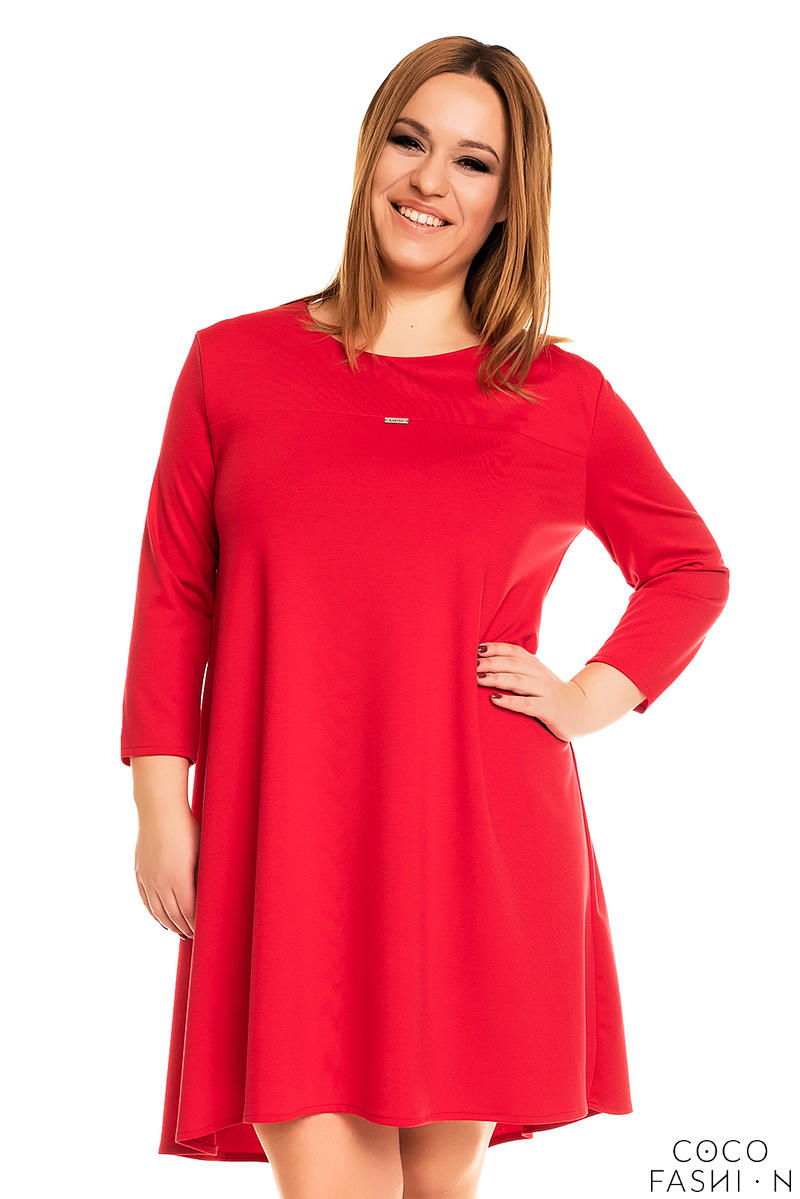 Red 3/4 Sleeves Swing Dress PLUS SIZE
