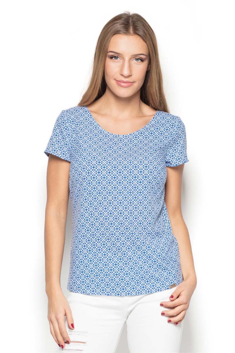 Blue Scoop Neckline Geometric Pattern T-shirt