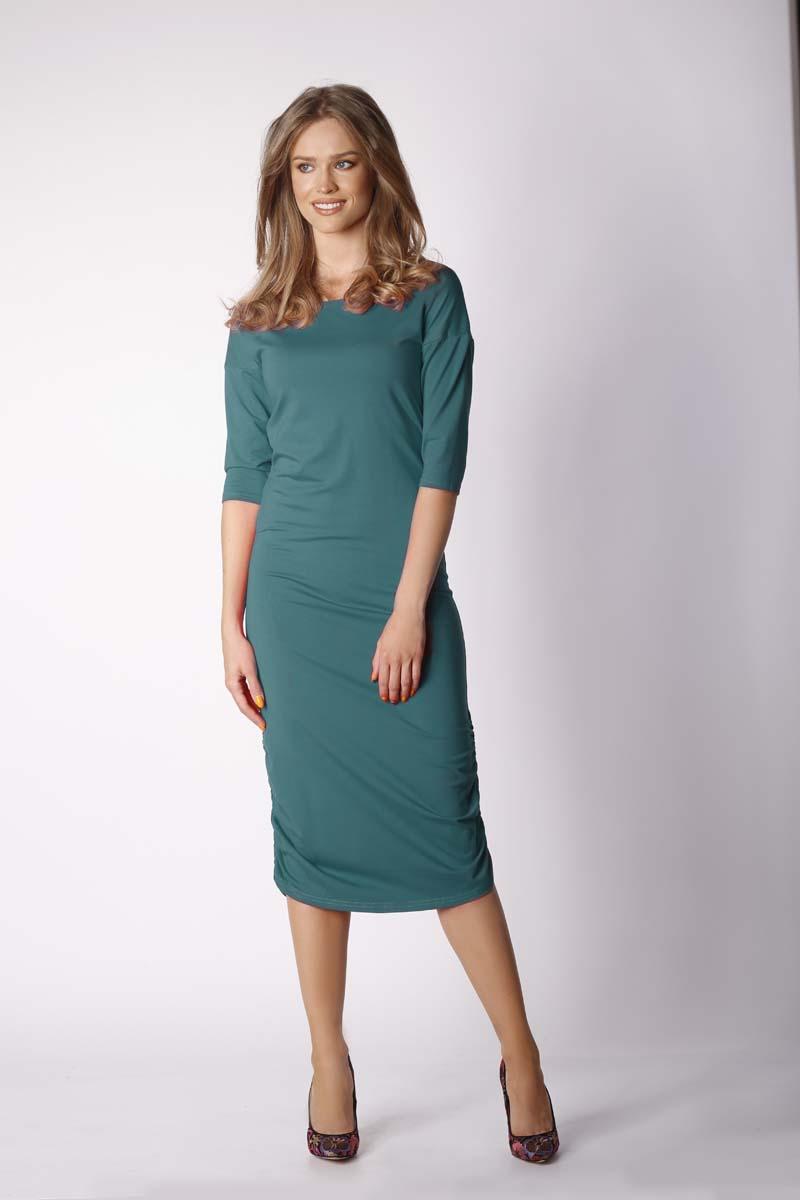 Green Fitted Midi Dress Pleated at the Sides