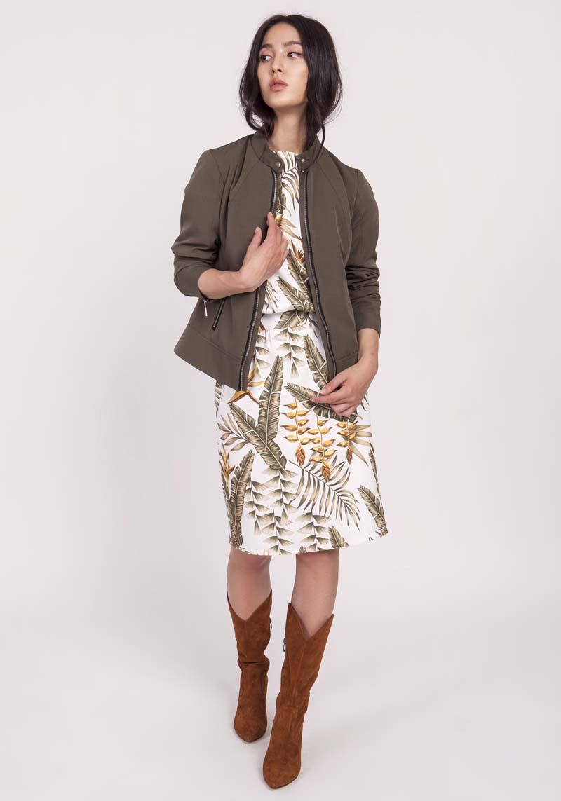 Khaki Short Zipped Jacket with Stand-up Collar