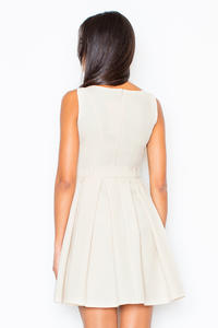 Pleated Belted Sleeveless Beige Dress with Seamed Top