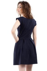 Dark Blue Coctail Pleated V-Neckline Dress