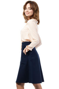 Dark Blue Flared Knee Lenght Skirt with Pockets