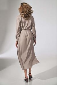 Beige Button Closure Belted Midi Dress