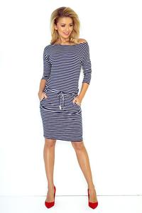 Dress in Gęny. Navy Strips. Pulled in the Belt