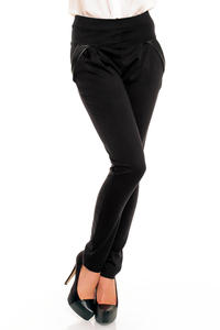 Black Skinny Fit Pants with Wide Waist Band and Leather Details