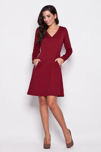 Claret V Neck Shift Dress with Side Pockets