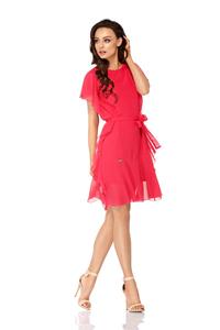 Raspberry Airy Dress with Frills Tied Stripe