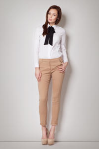 Contrast Pussy Black Bow Seam White Blouse with Cuffed Long Sleeves