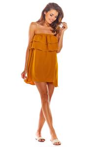 An airy camel mini dress with a Spanish neckline