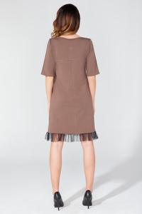 Brown 1/2 Sleeves Plain Dress with Tulle Edging