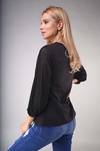 Black V-neck blouse with transparent 3/4 sleeves