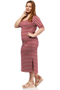 Red Striped Round Neckline 1/2 Sleeves Dress PLUS SIZE