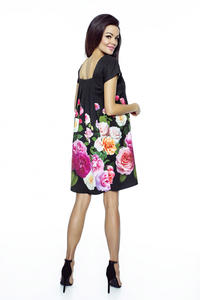 Black Flared Dress with Roses Pattern