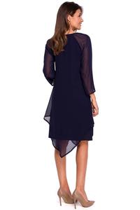Navy Asymmetrical Double-layer Dress with a Bell Sleeve