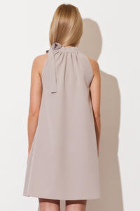 Grey Pleated Neckline Shirt Dress with Bow Tie