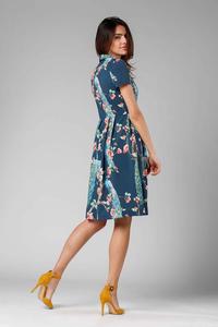 Navy Blue Flared short-sleeved Dress with Stand-up Collar
