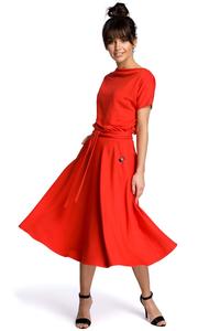 Red Midi Flared Dress Tied at the Waist