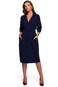 Dark Blue Belted Dress with Pockets