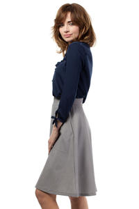 Grey Flared Knee Lenght Skirt with Pockets