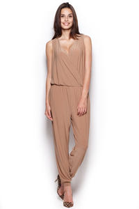 Wrap Around Sleeveless Beige Jumpsuit with Shirred Waist