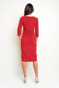 Red Office Style 3/4 Sleeves Dress with Buttons