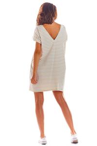 Beige Loose Summer Dress with a V-neck on the back with stripes