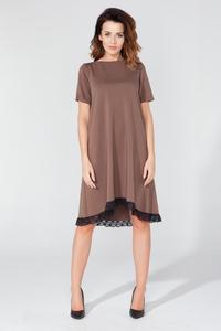 Brown Flared Short Sleeves Dress with Lace Edging 