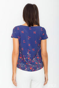 Dark Blue Short Sleeves Floral Pattern Blouse