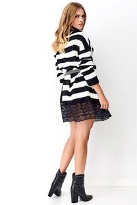 Ecru Long Striped Sweater with Lace