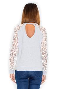Ecru&Grey Long Lace Sleeves Cut Out Back Blouse