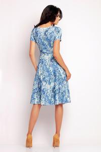Blue Floral Pattern Flared Short Sleeves Dress