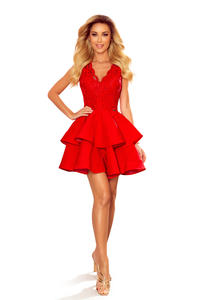 Red Evening Mini Dress with Lace Top