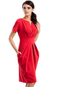 Red Wrinkled Slim Waist Knee Length Dress