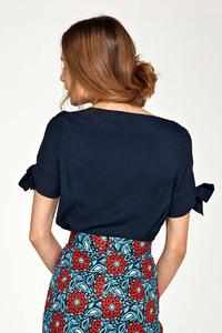 Dark Blue Short Sleeves Blouse with Bows on the Sleeves