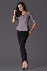 Grey Frilled Hemline Blazer with Front Zipper Fastening