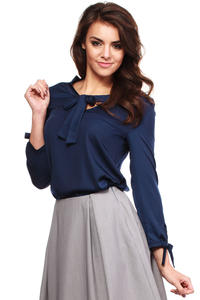 Navy Blue Cut Out Bow tie Blouse with Long Sleeves
