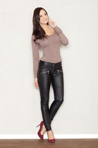 Black Faux Leather Stretch Skinny Pants with Slant Zipper Pockets