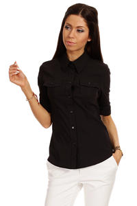 Slim Fit Seam Collared Black Shirt with Flap Chest Pocket