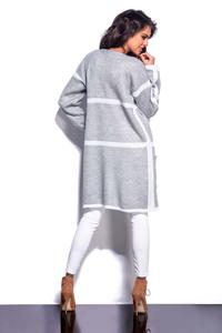 Grey&White Long Cardigan with Contrasting Piping