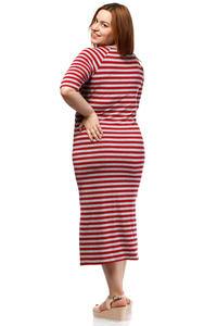 Red Striped Round Neckline 1/2 Sleeves Dress PLUS SIZE