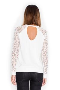 Ecru Long Lace Sleeves Cut Out Back Blouse