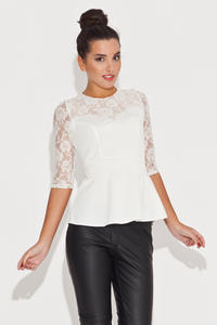 Lace Top Frill Waist Ecru Top with Elbow Sleeves