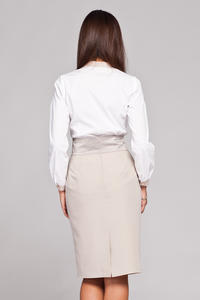 Beige Knee Length Pencil Skirt with Glossy Belt
