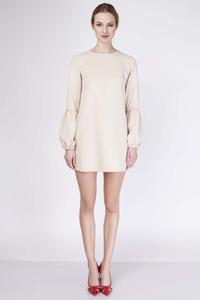 Beige Mini Flared Dress with Long Sleeves